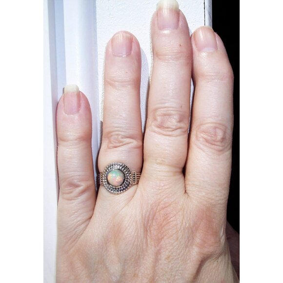 925 STERLING SILVER Genuine Round Ethiopian Opal Ring - Picture 2 of 14